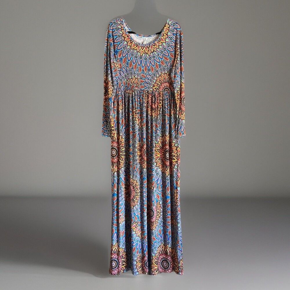 GRECERELLE Maxi Dress Size XL Long Sleeve Colorful Boho Floral Mandala Artsy